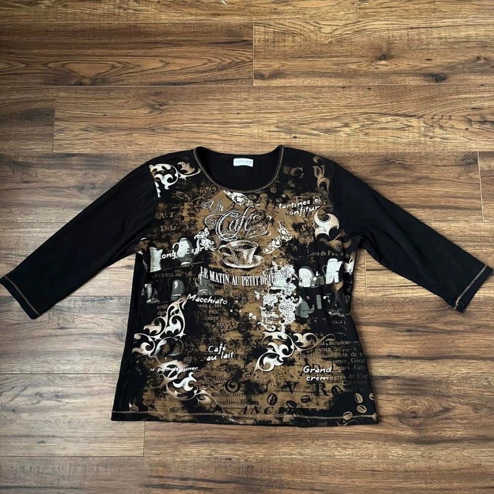 Vintage Cafe Graphic Top Brown Black Coffee Shirt 3/4 Sleeve Artsy Indie Y2K Tee